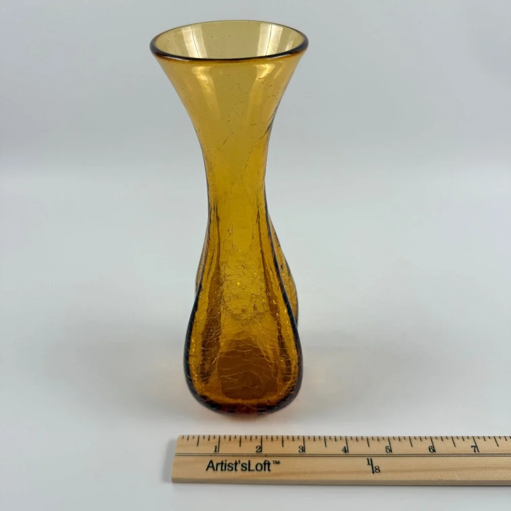 Vintage American Amber Crackle Art Glass Pinched Optic Vase Mid Century